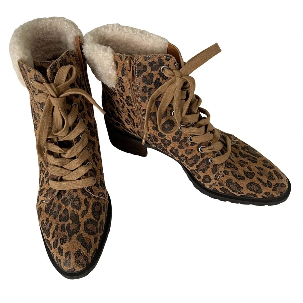 NWOT LUCKY BRAND Jacenia Brown Leopard Print Chunky Bootie Boots. Size 9…